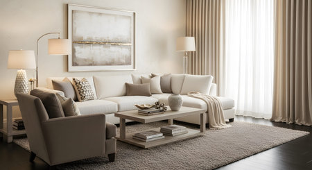 Taupe showing comfortable cream sectional sofa with accent pillows and a light wood coffee...