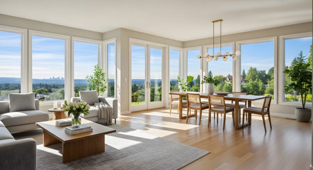 Sunlight streams into a bright living and dining area with large windows showcasing scenic city...