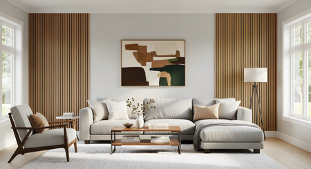 A contemporary living room a light grey sectional sofa, abstract and wood accents....