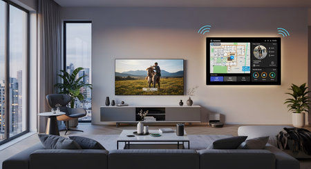 A sleek living room showcases a smart home control screen, a large television, and a panoramic...