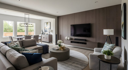 A cozy living room showcases a comfortable sectional sofa, a dark wood accent wall, and a round...