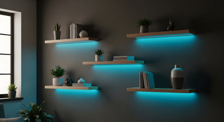 Floating showing dark wall with floating shelves and bright blue led accent lighting.