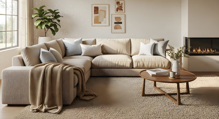 A spacious sectional sofa in a light beige fabric is adorned with pillows and a knitted throw...