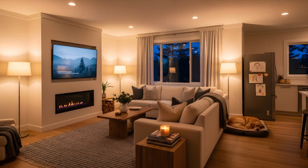 Fireplace showing cozy living room with a sectional sofa, fireplace, television, and a sleeping...