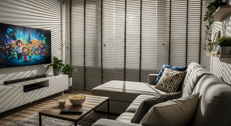 Sofa showing cozy living room with sectional sofa, television, and blinds casting shadows.