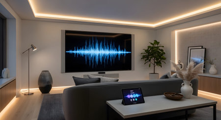Wave showing home theater room with a large screen displaying a sound wave and ambient lighting....の写真素材