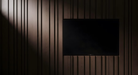 124849 showing dark wood slatted wall with blank television screen and dramatic lighting.