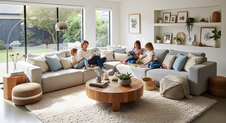 Family showing family relaxing on a large sectional sofa in a bright living room with a wooden...