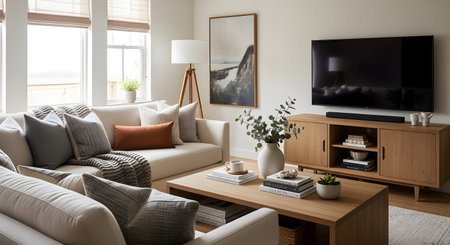 A bright living room with a beige sofa, wooden coffee table, and a TV stand near a window.