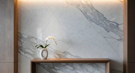 Marble showing interior with a white orchid in a modern vase on a wooden console against a...
