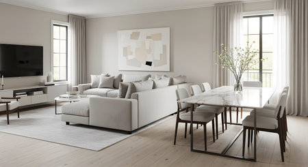 Dining showing living room and dining area with light neutral tones.