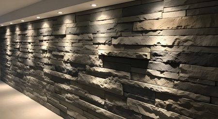 Varied showing long horizontal stacked stone wall with varied grey and beige tones illuminated...