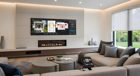 A contemporary living room a large wall-mounted screen showing a smart home interface, a modern...