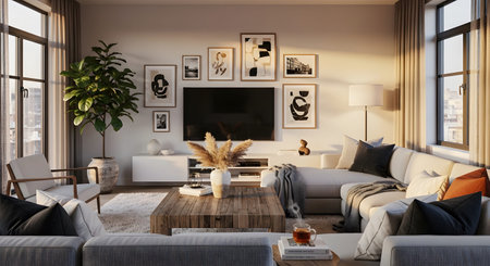 Home showing modern living room with large sectional sofa television and on wall
