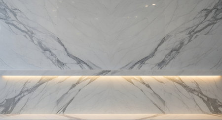 Symmetrical showing symmetrical marble wall with integrated shelf and warm led backlighting....
