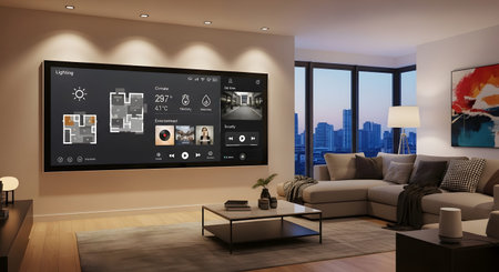 A large touchscreen smart home controls in a modern living room with a sectional sofa and a city...