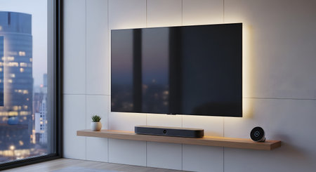 A sleek modern living room with a wall-mounted TV, ambient LED backlighting, and a floating shelf.
