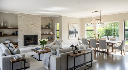 Dining showing open-plan living and dining area with stone fireplace and modern furniture.