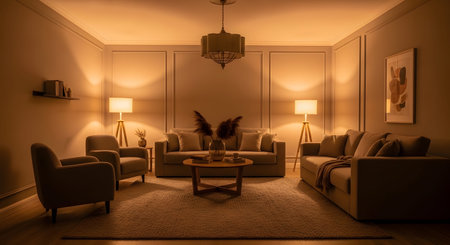 A warmly lit living room with multiple sofas, armchairs, and a central coffee table under a...の写真素材