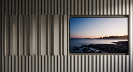 Striped wall showing coastal sunset over rocky shoreline.