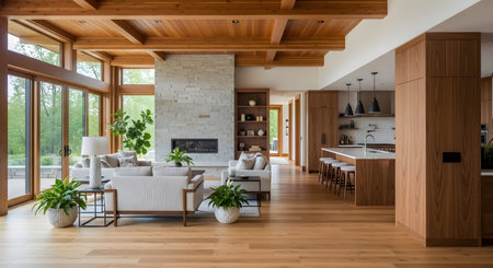 Stone showing open-plan living space with a stone fireplace and large windows.の写真素材