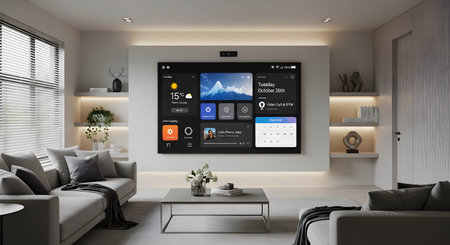 A contemporary living room showcases a large smart screen displaying weather, calendar, and...