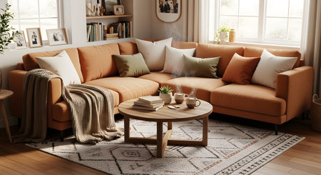 An orange sectional sofa sits on a patterned rug in a bright living room with steaming mugs on...