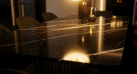 A close-up view of a black marble dining table surface featuring prominent gold veins and a...