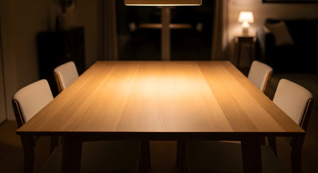 Stock showing brightly lit wooden dining table with chairs in a dimly lit room. resolution...の写真素材