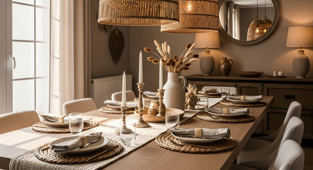 Dried showing dining room table set with woven placemats candles and dried floral arrangement....の写真素材