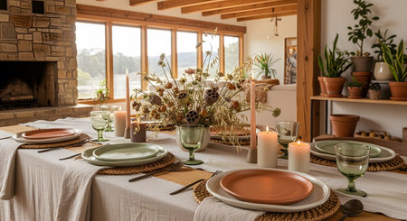 A rustic dining room a stone fireplace, large windows, and a table set with terracotta plates...