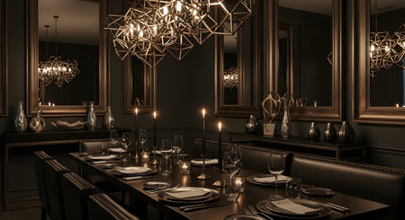 A dimly lit, opulent dining room with a long table set for a formal meal, featuring a geometric...の写真素材