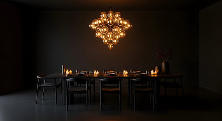 Stock showing dining room set with candles and a large glass chandelier in a dark setting.の写真素材