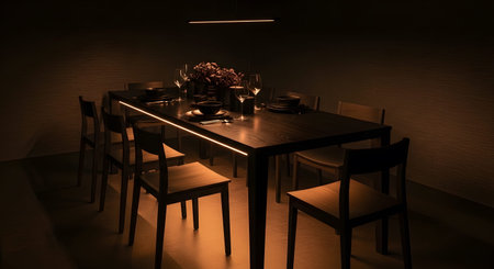 Stock showing dark rectangular dining table with chairs illuminated by linear led lighting.
