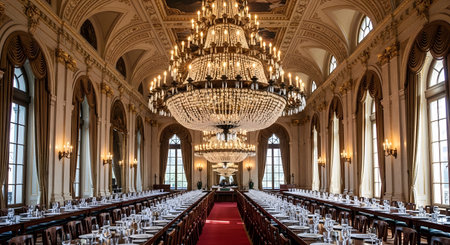 Stock showing grand ballroom dining setup with ornate chandeliers and long tables.の写真素材