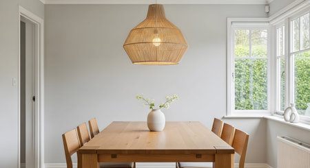 Stock showing light wood dining table and chairs with a white vase and flowers in a bright room....の写真素材