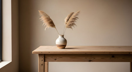 Grass showing light wood table with ceramic vase and dried pampas grass by window.