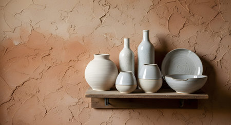 20260225 showing handmade ceramic pottery collection displayed on a rustic wooden shelf against...