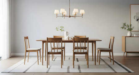 Century showing mid century modern dining room with light wood table and chairs and striped rug....