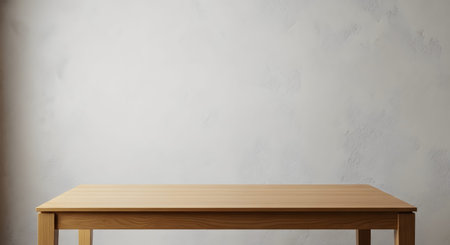 A light wood rectangular table sits centered against a textured off-white wall, casting subtle...