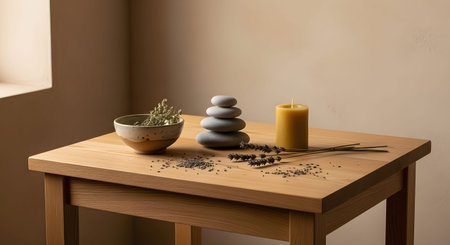 Earthy showing zen still life with stacked stones, lavender, and candle on wooden table.の写真素材