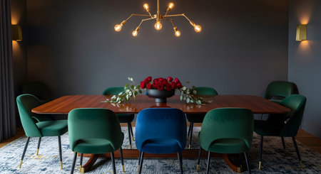Stock showing modern dining room with wooden table, velvet chairs, and floral centerpiece.