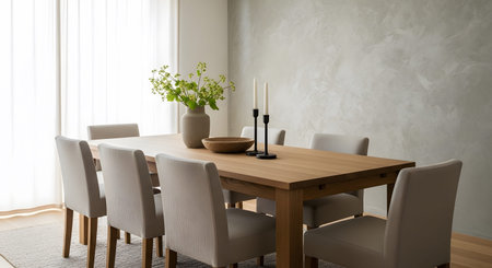 A light wood dining table is surrounded by beige upholstered chairs, with a vase of green...の写真素材