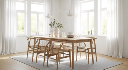 Curtains showing light wood dining table and chairs in bright room with sheer curtains.