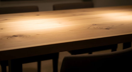 A close-up view of a polished wooden table surface with visible grain patterns and knots,...