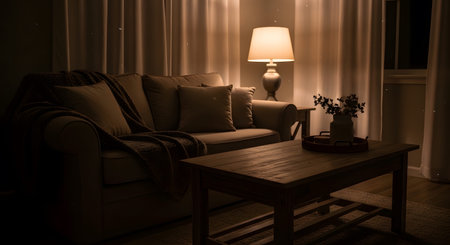 A dimly lit living room a soft sofa draped with a blanket, a wooden coffee table, and a glowing...の写真素材