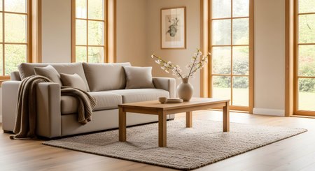 Stock showing comfortable living room sofa with throw blanket and coffee table in natural light....