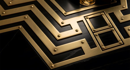 Stock showing close-up of black wood surface with intricate gold geometric inlay pattern.