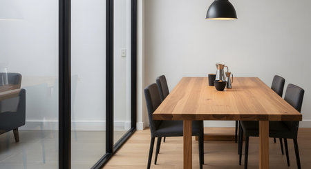 A light wood dining table with dark chairs and a black pendant light is set in a minimalist room.