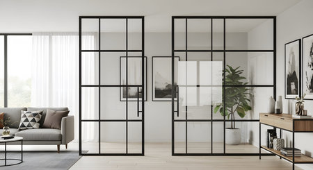 Stock showing modern living room interior with black framed glass dividers and gray sofa.